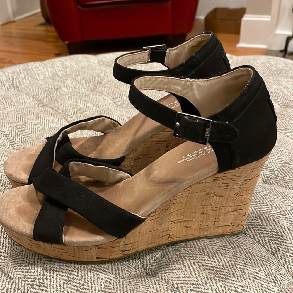 Toms Black Wedges with Cork Heel